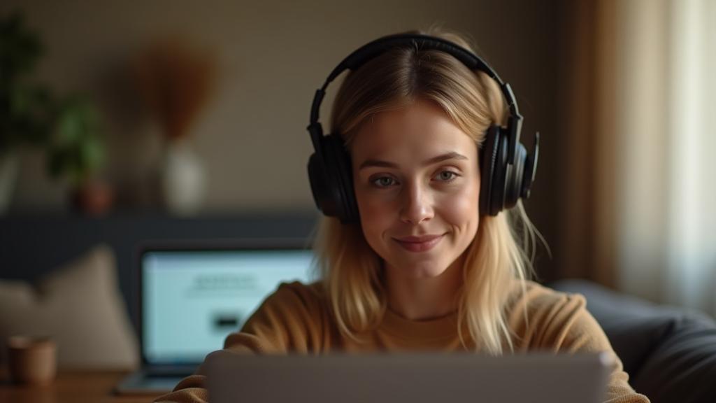 Person wearing AuraTune headphones looking at a support page